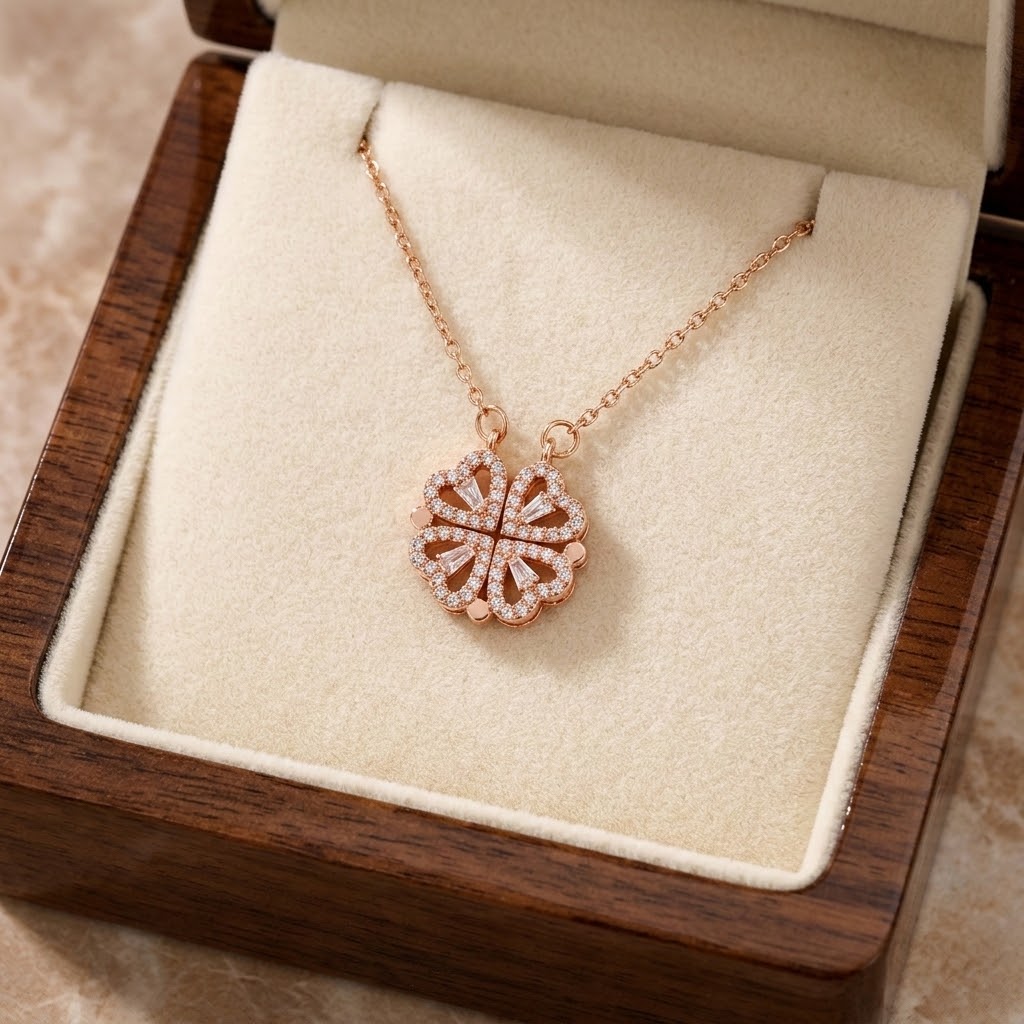 Rose-gold floral clover pendant necklace with sparkling circular gemstone petals