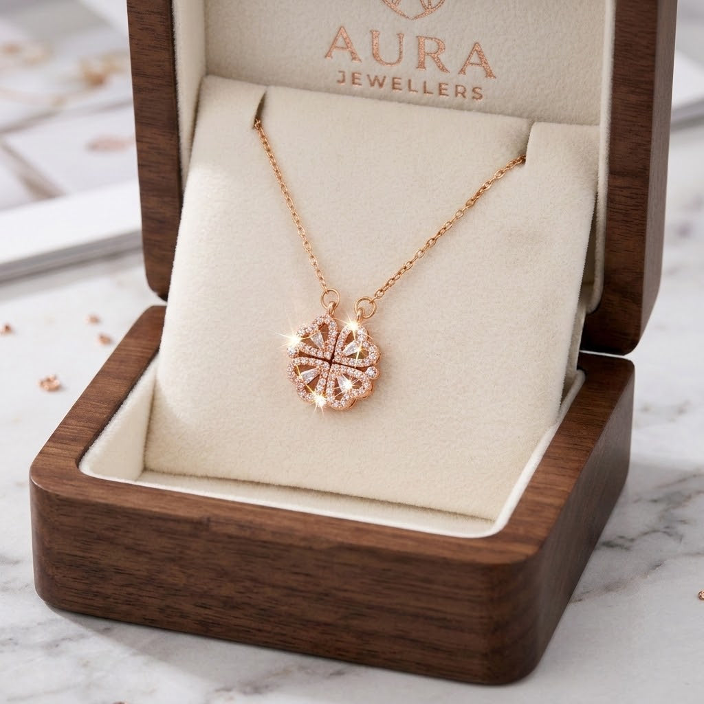 Rose-gold floral clover pendant necklace displayed on a jewelry stand