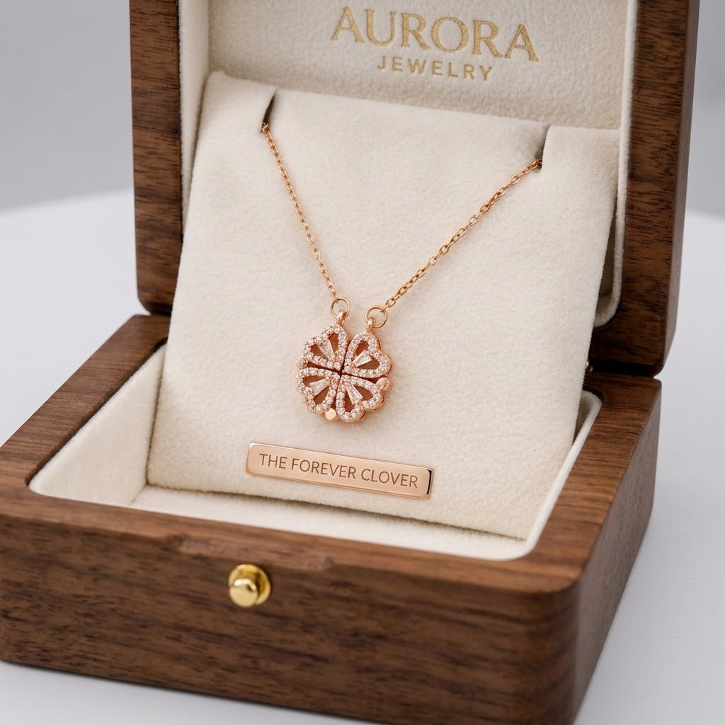 Rose-gold clover-style pendant necklace with crystal-studded floral design