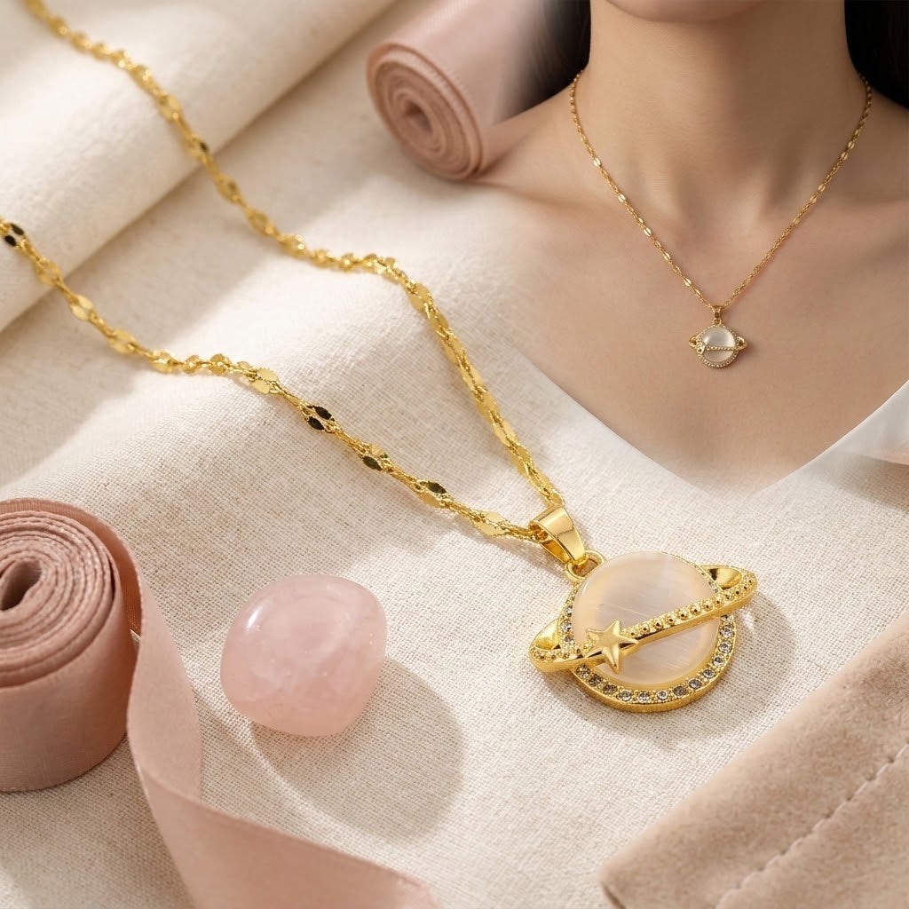 Gold-tone crescent moon globe charm necklace with star pendant, worn at collar length