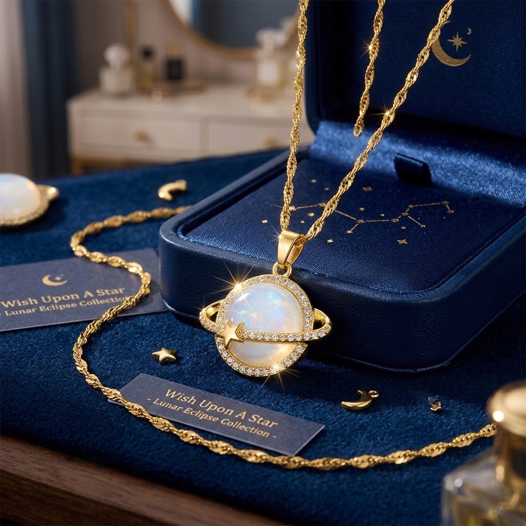 Gold-tone crescent moon star globe charm necklace with rhinestone halo pendant