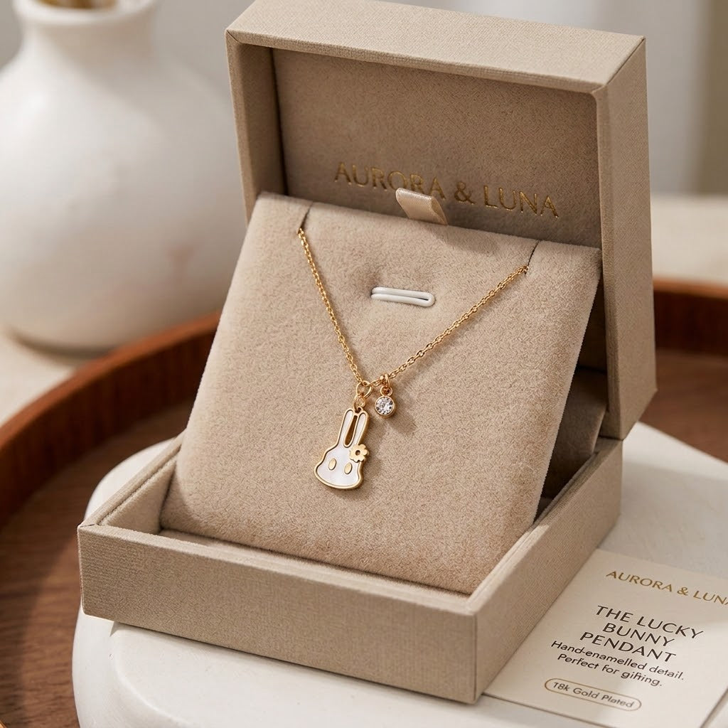 Gold-tone bunny petal pendant necklace in gift box, with chain and round sparkle