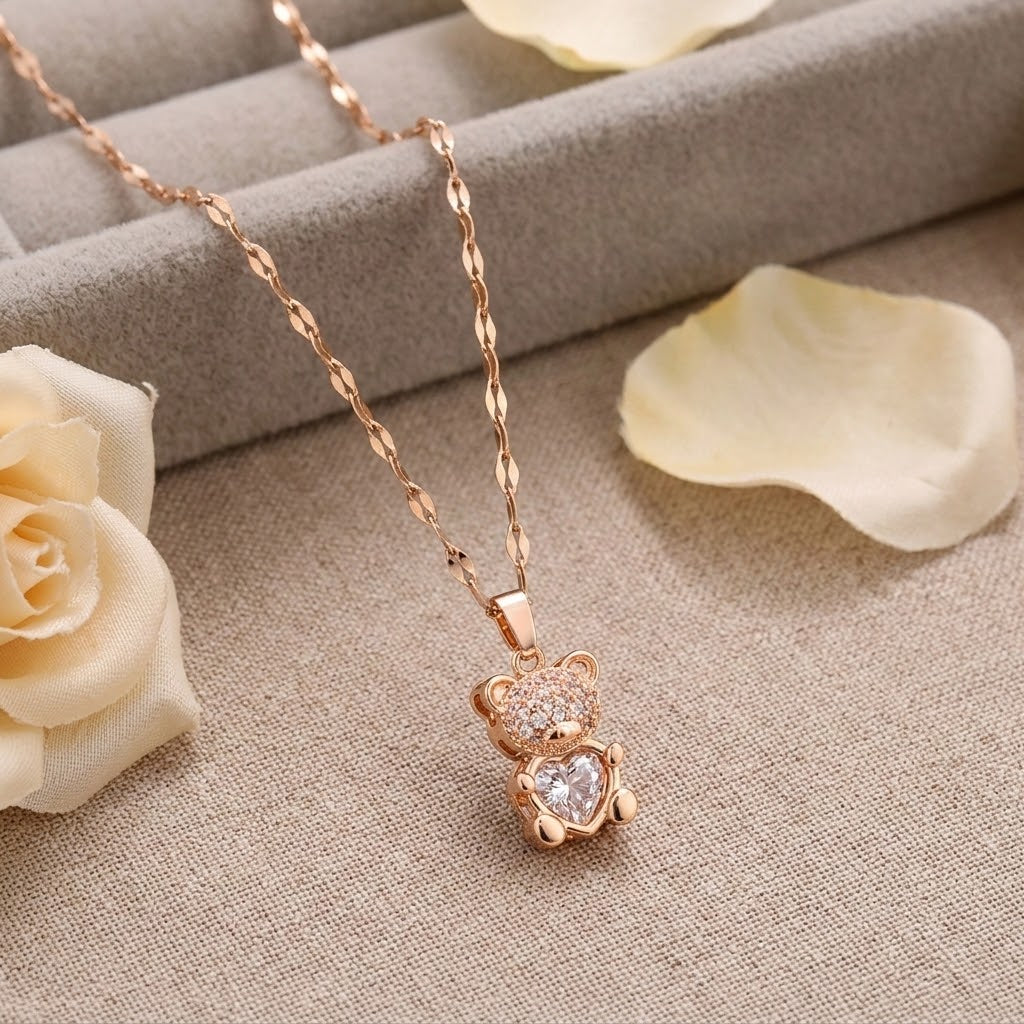 Rose-gold teddy bear heart pendant necklace on thin chain