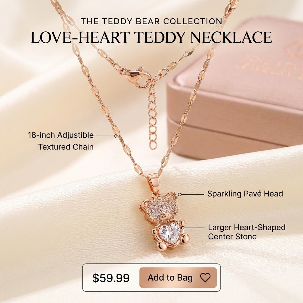 Rose gold teddy bear heart pendant necklace with adjustable chain