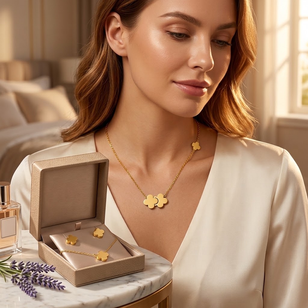 Gold-tone clover pendant necklace worn by a model