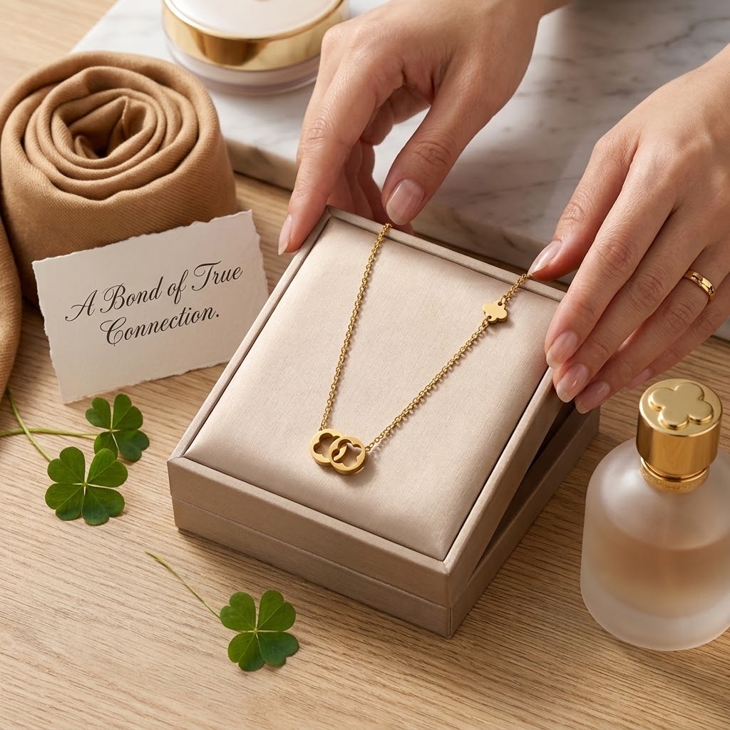 Gold-tone clover pendant necklace in an open box, held by hands