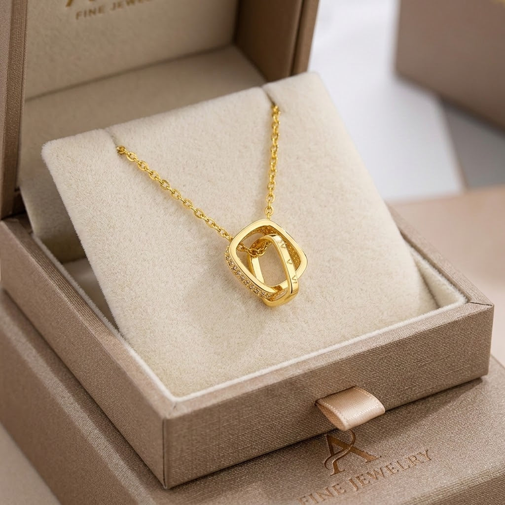 Gold-tone square ring pendant charm necklace on chain