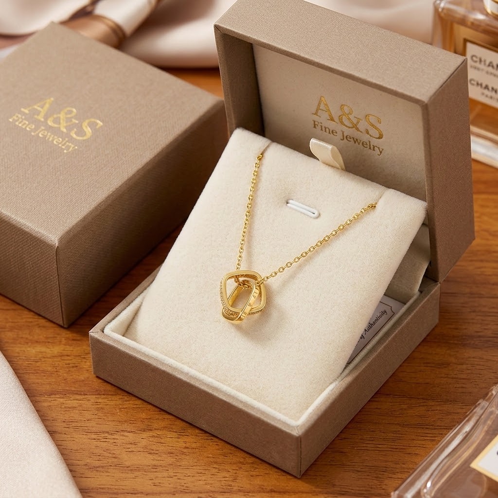 Gold-tone square charm necklace with dangling heart-style pendant