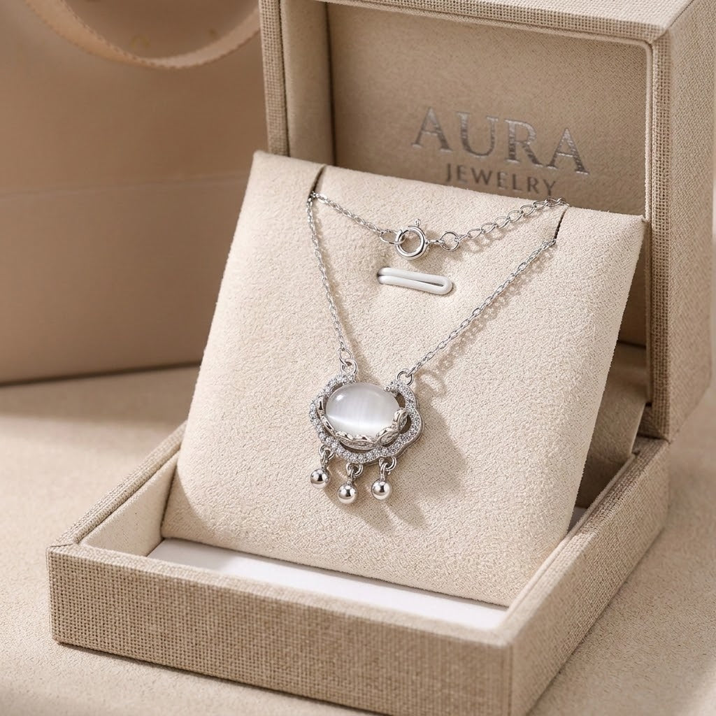 Silver-tone oval halo charm necklace with round stone and dangling bead charms