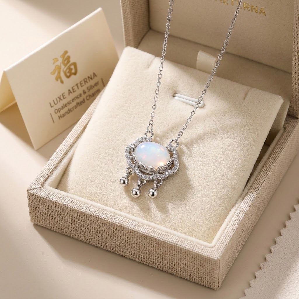 Silver-tone lock charm necklace with opal-like round pendant and small dangling beads
