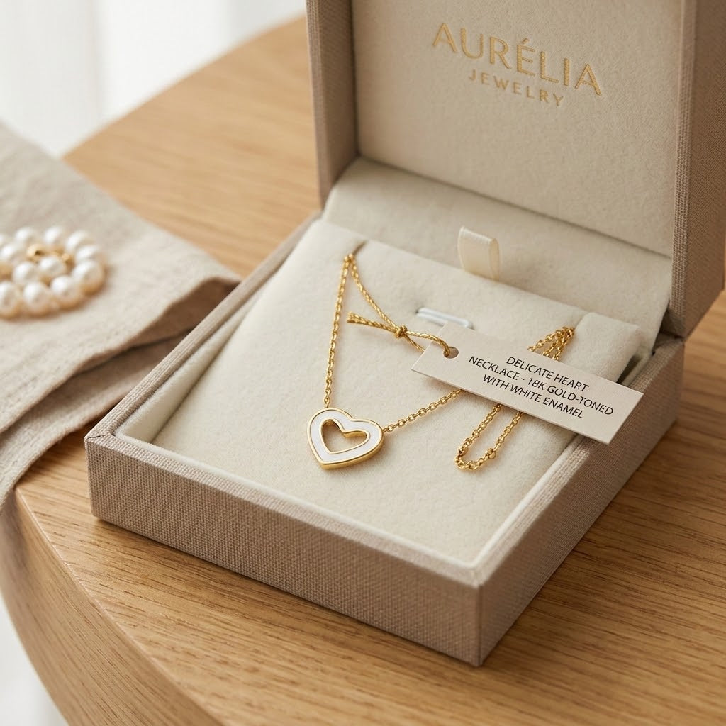 Gold-tone hollow heart pendant necklace in gift box with other gold jewelry pieces