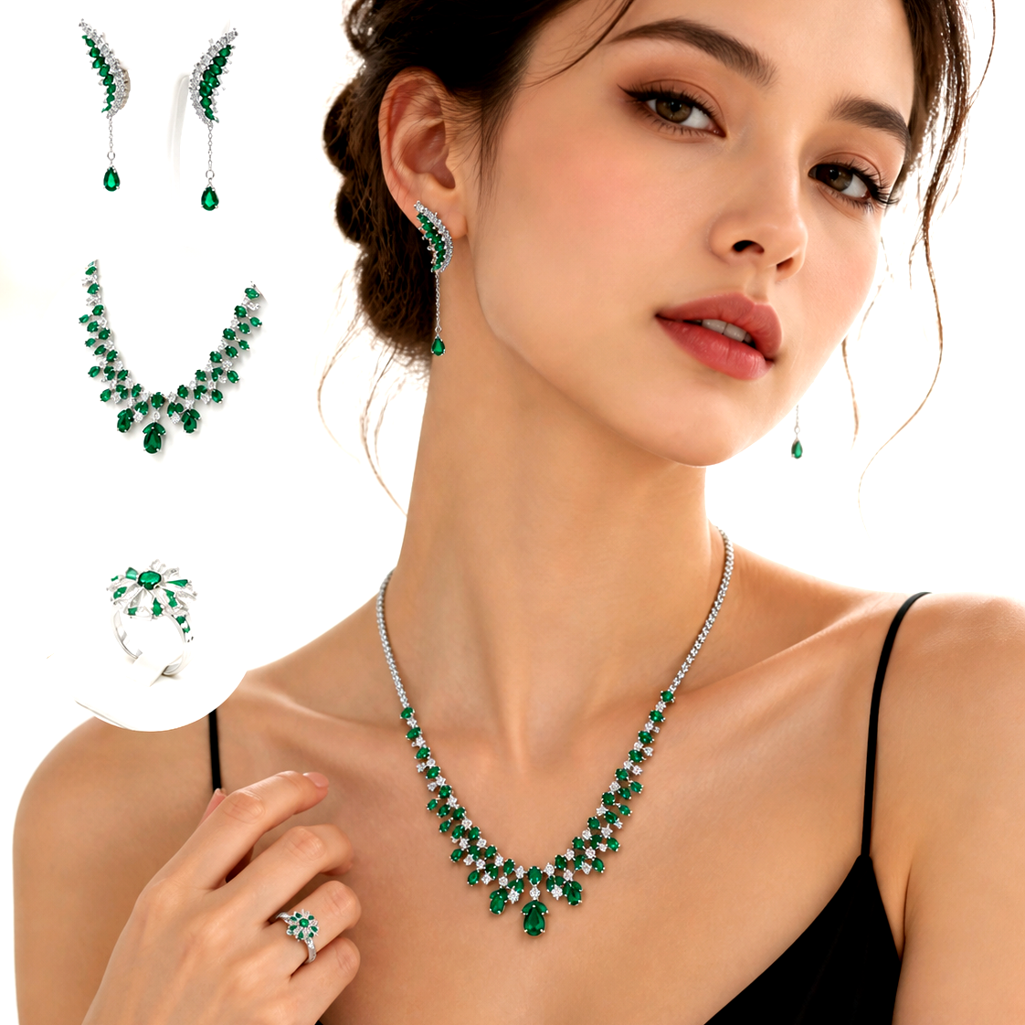 Elegant Cultivated Diamond & Green Gemstone Jewelry Set – Necklace, Earrings & Ring