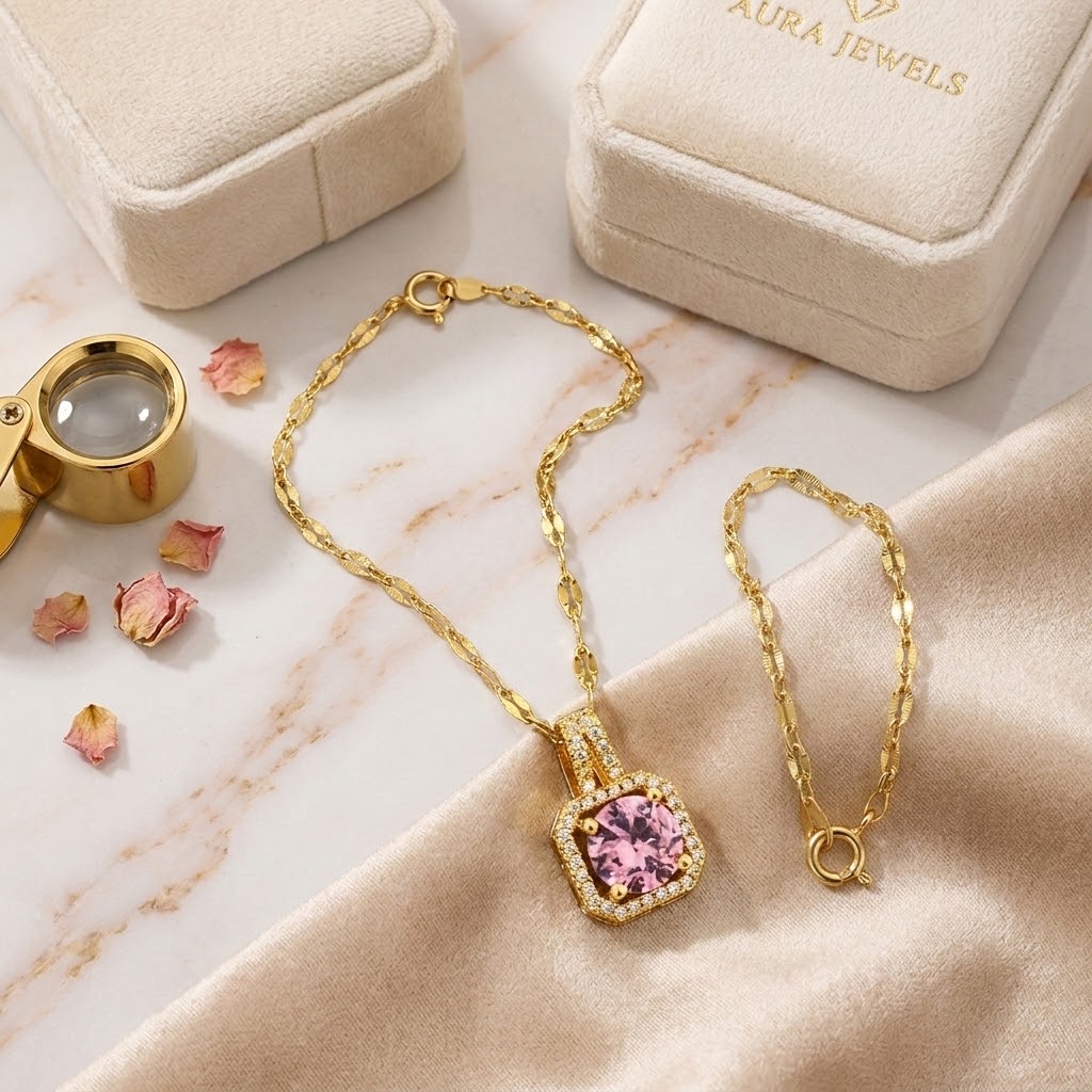 Gold pendant necklace with pink cushion halo gemstone and delicate chain