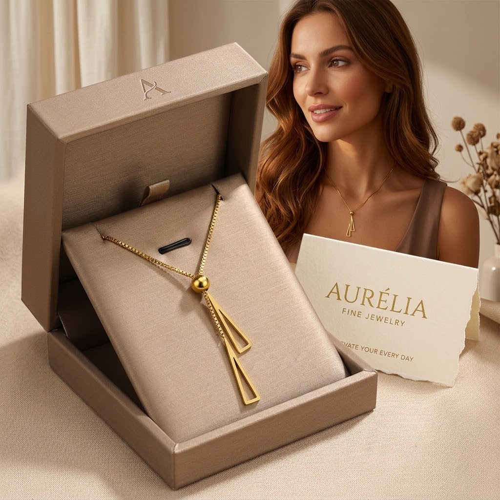 Gold double triangle charm necklace in box, two dangling triangle pendants