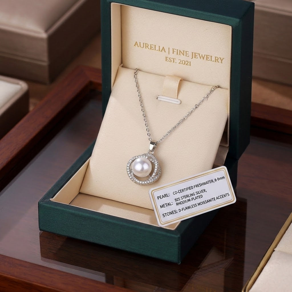 Pearl pendant necklace with silver chain and beaded halo in a gift box