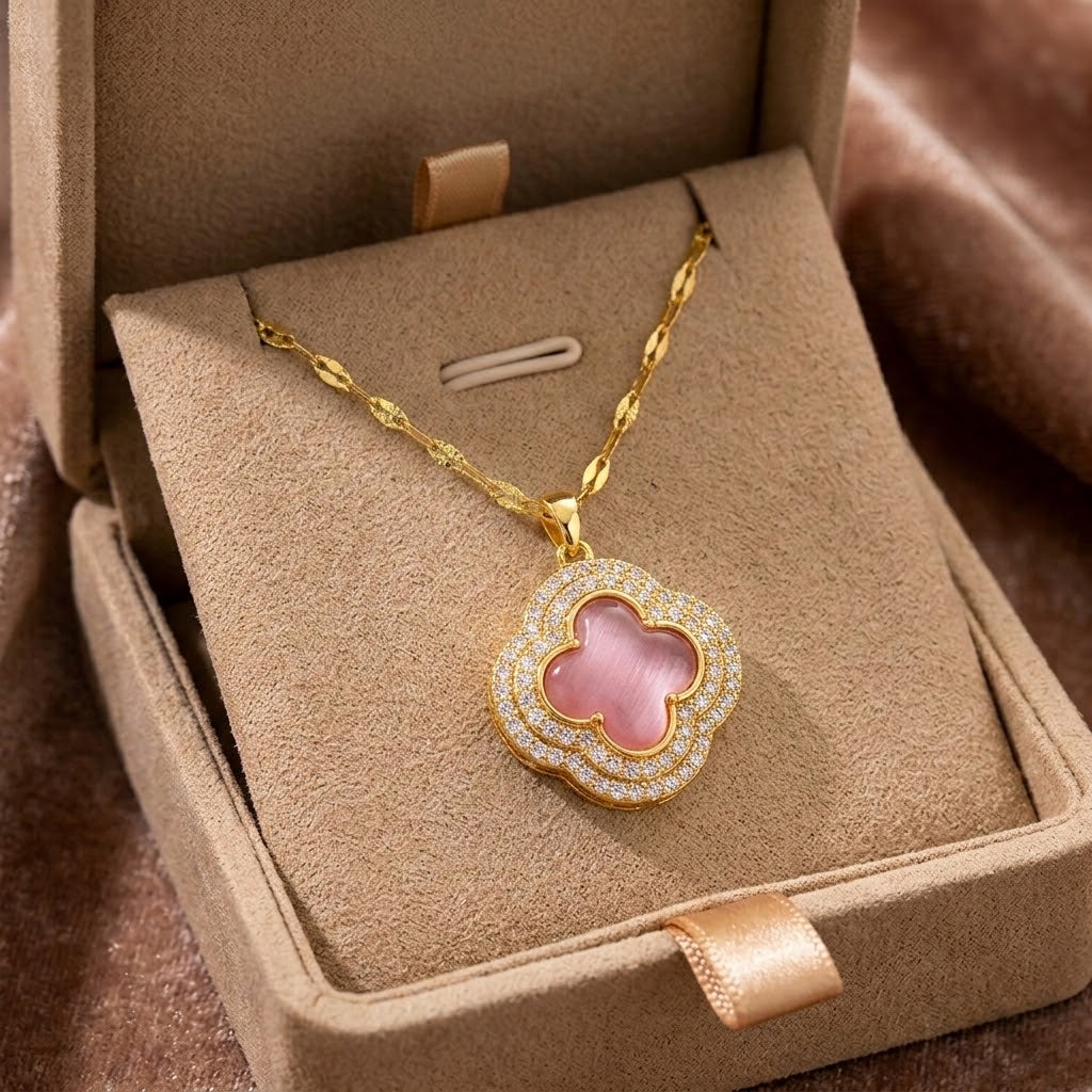Graceful flower garden pendant necklace with gold chain and pink floral pendant