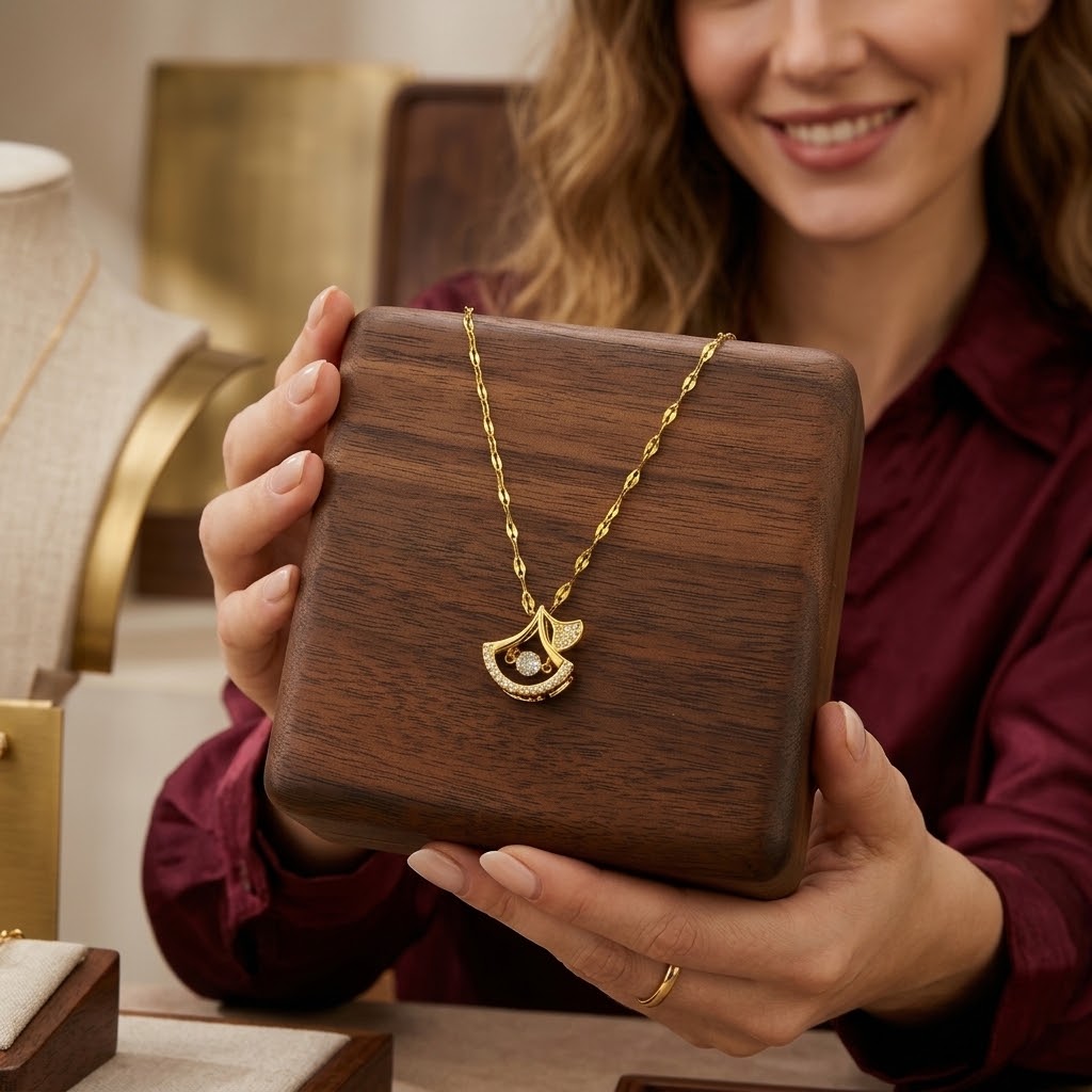 Gold ginkgo leaf duo pendant necklace displayed on a wooden jewelry box