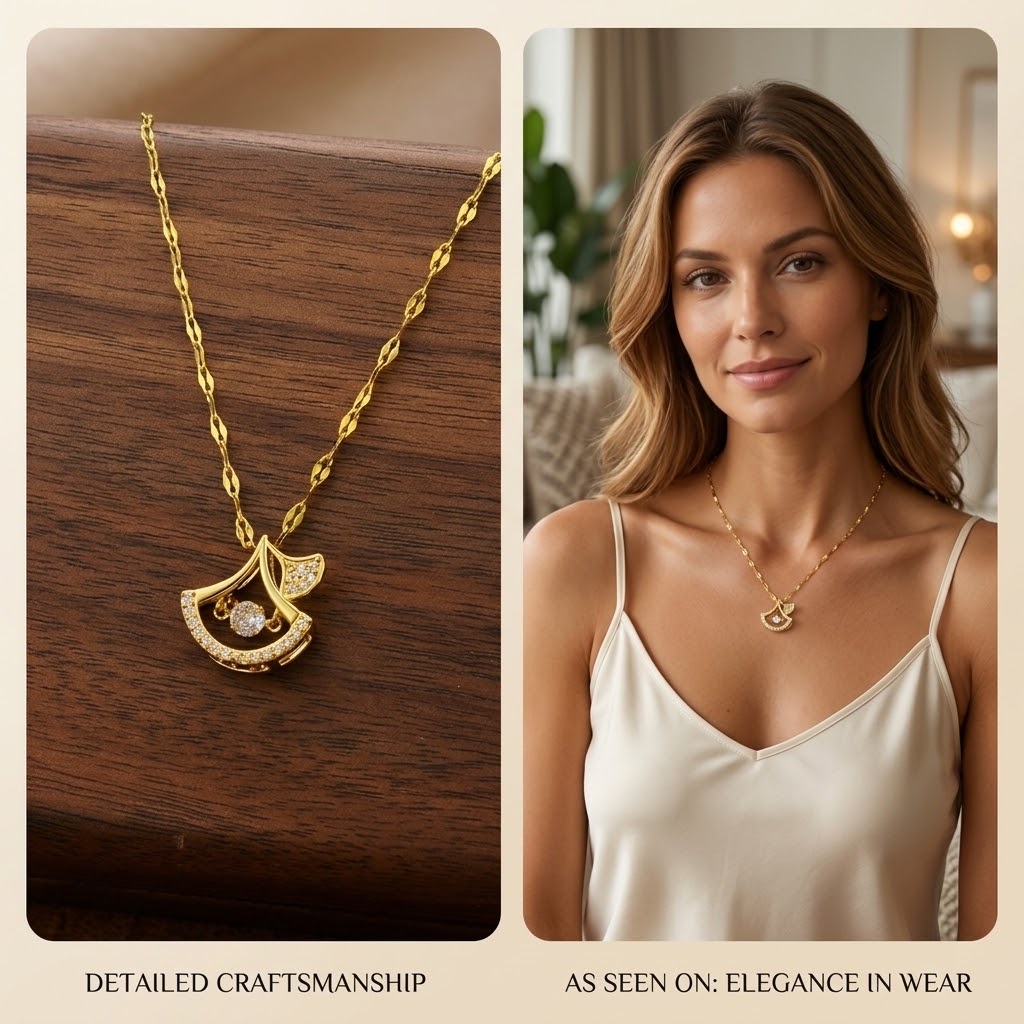 Gold ginkgo leaf duo pendant necklace close-up and worn with a satin camisole