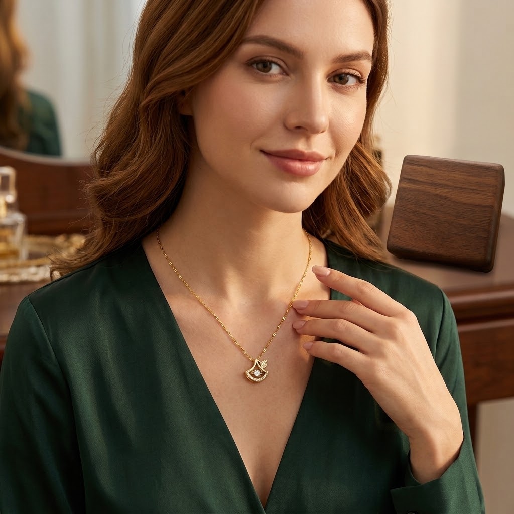 Gold ginkgo leaf duo pendant necklace worn on a green V-neck top