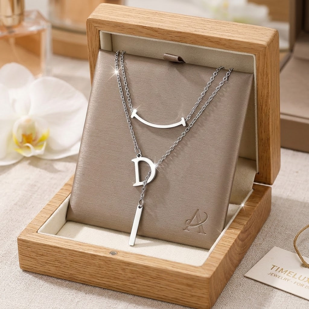 Silver letter D charm necklace displayed on a wooden stand with D pendant