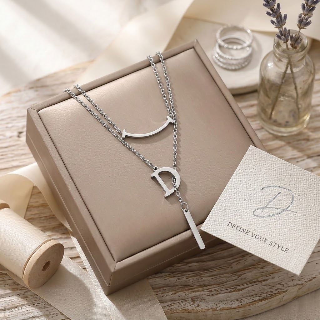 Silver letter D charm necklace in box with D-tag accessory and long bar charm