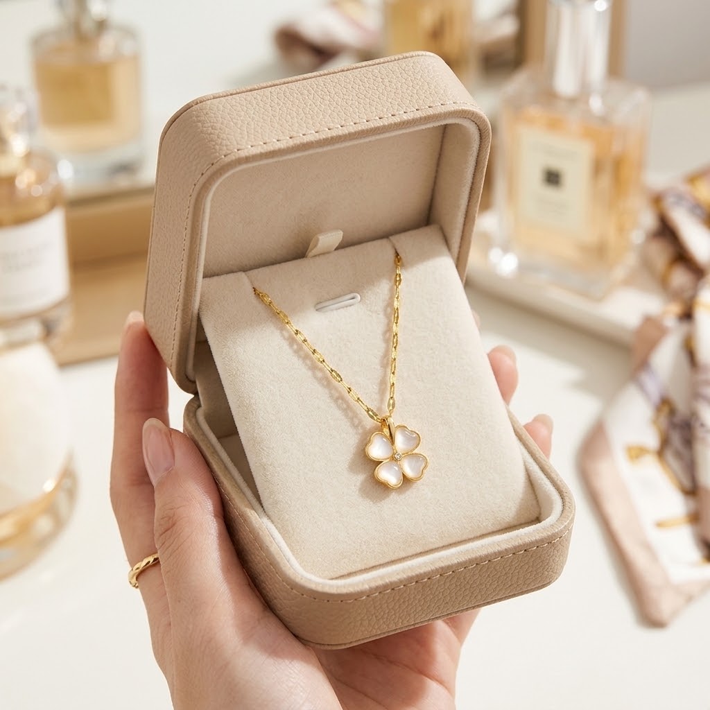 Gold flower pendant necklace in a gift box with dainty link chain