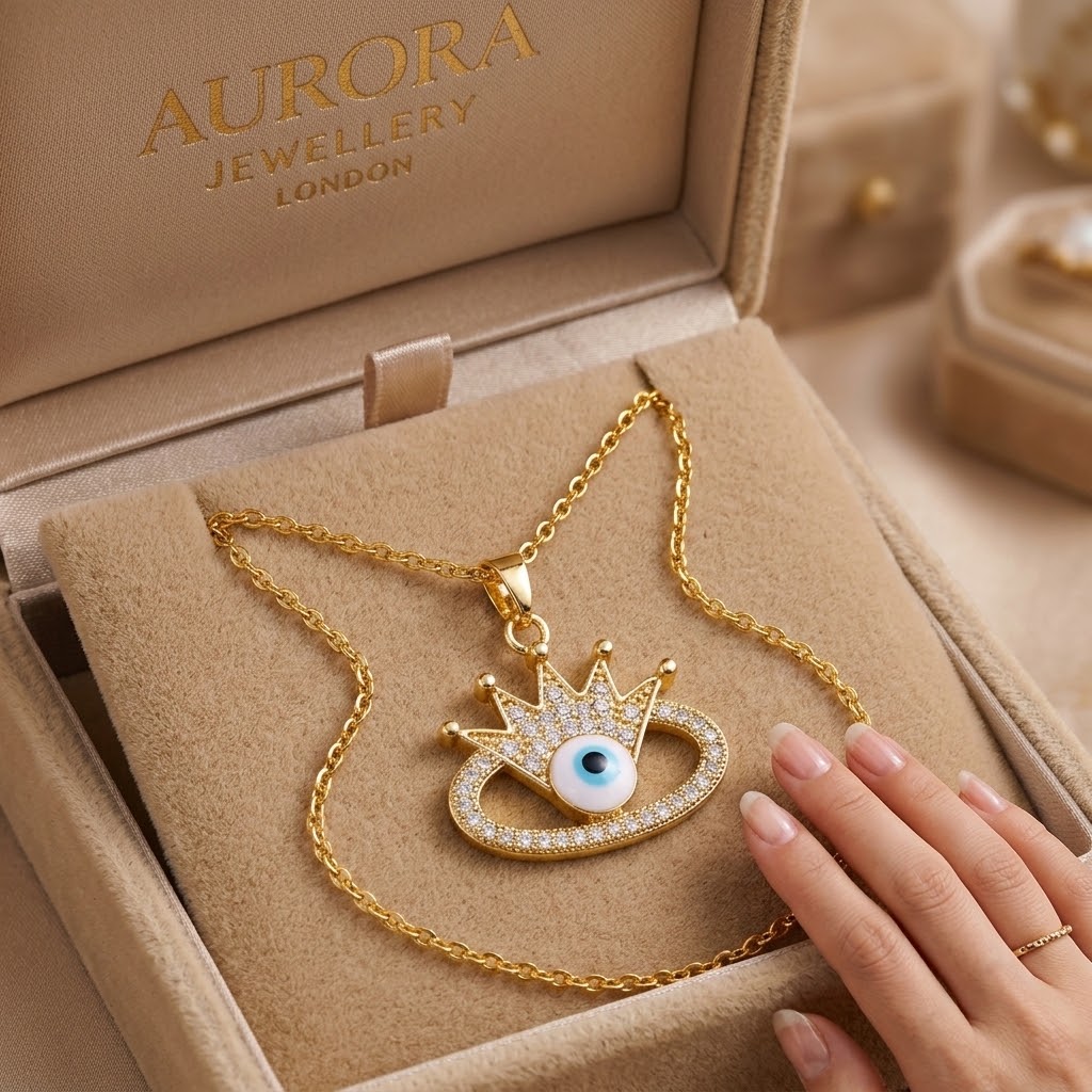 Gold eye charm pendant necklace with crown pendant and cubic zirconia sparkle