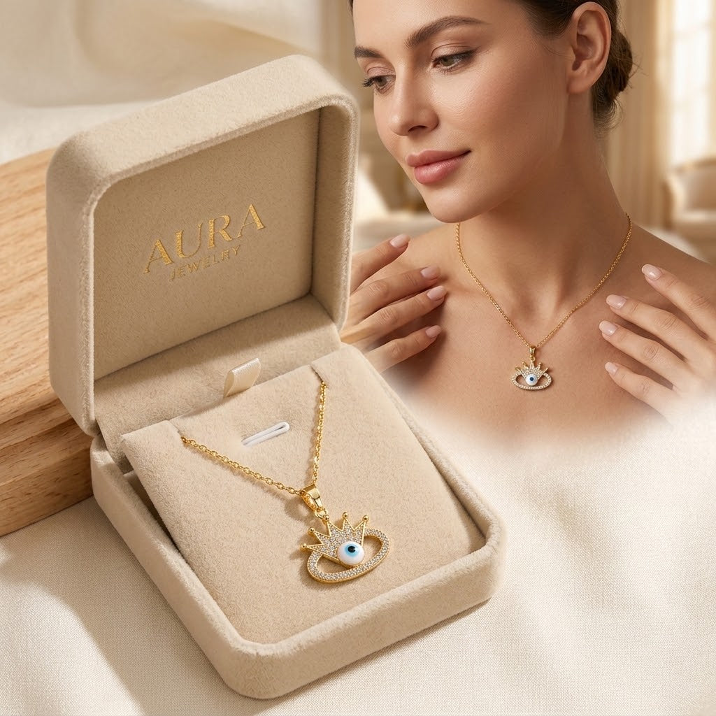Gold eye charm pendant necklace with crown charm and blue eye enamel