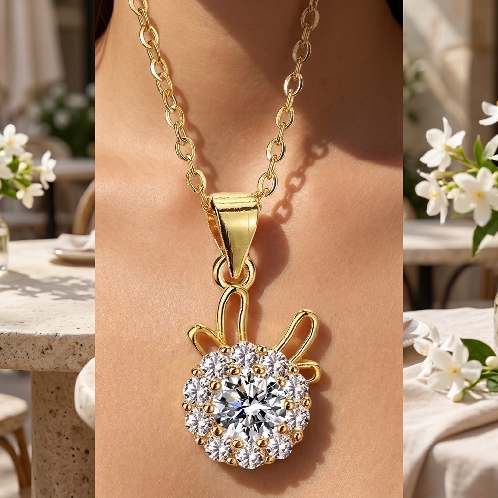 Gold floral pendant necklace with round crystal flower charm