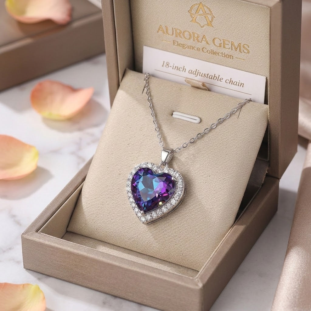 Heart pendant necklace with purple gemstone and silver chain, prong-set halo