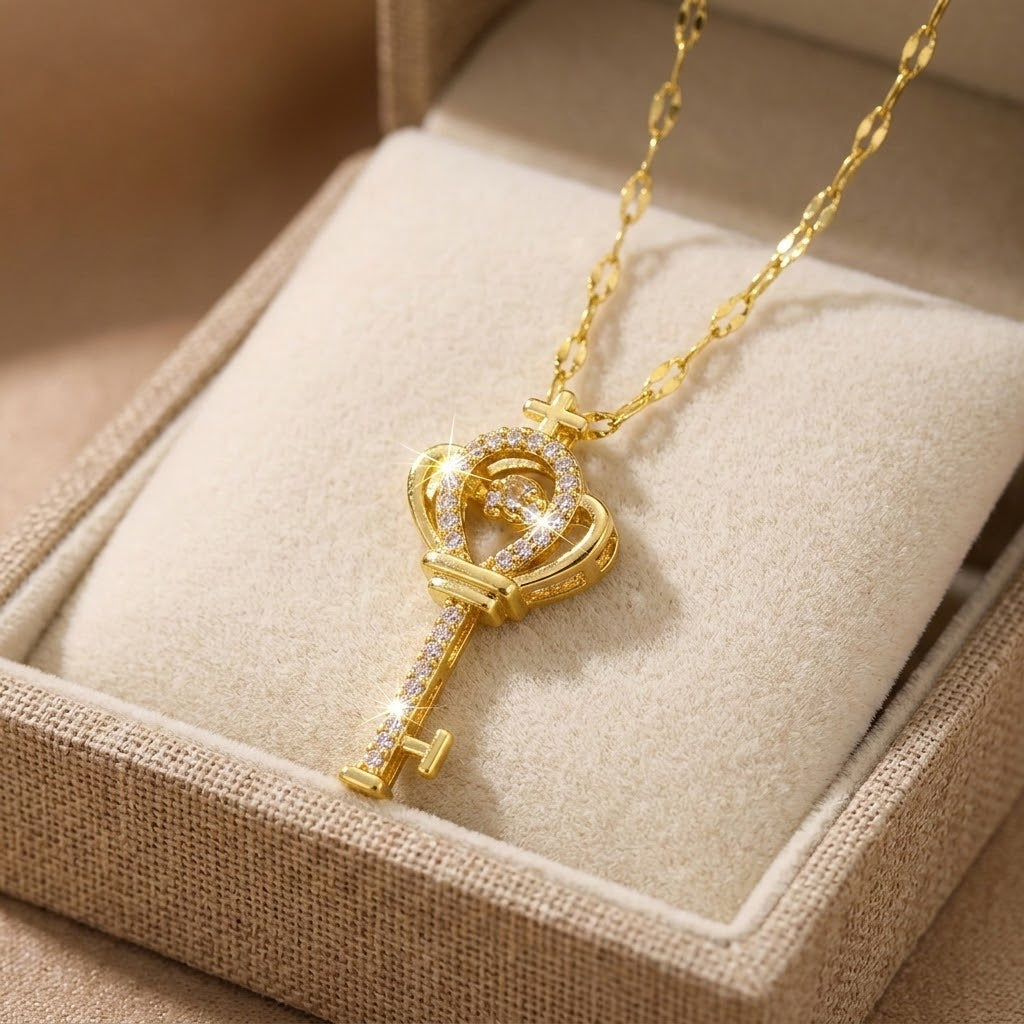 Gold crown heart key charm necklace with sparkling heart ring pendant