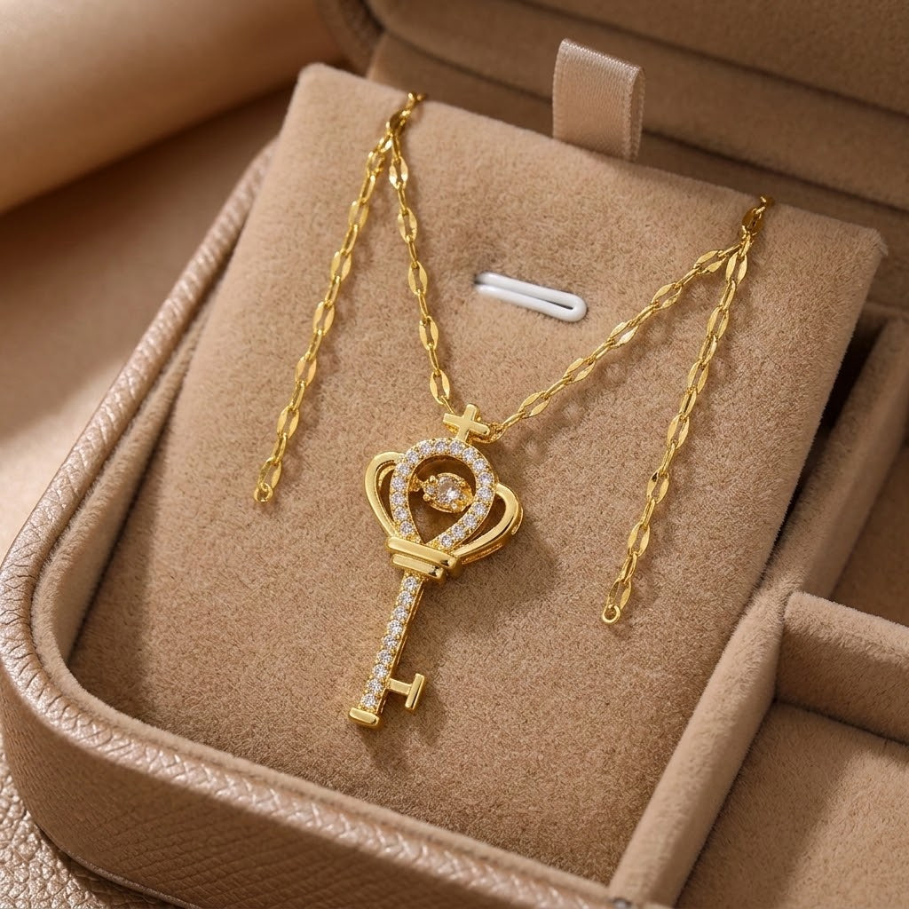 Gold crown heart key charm necklace with long key and heart gemstone pendant