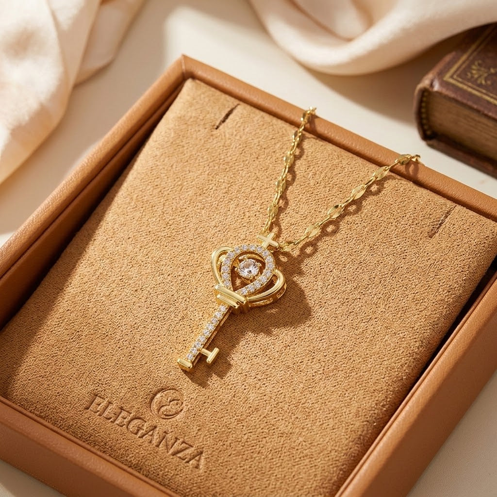 Gold crown heart key charm necklace with heart ring and cross key detail