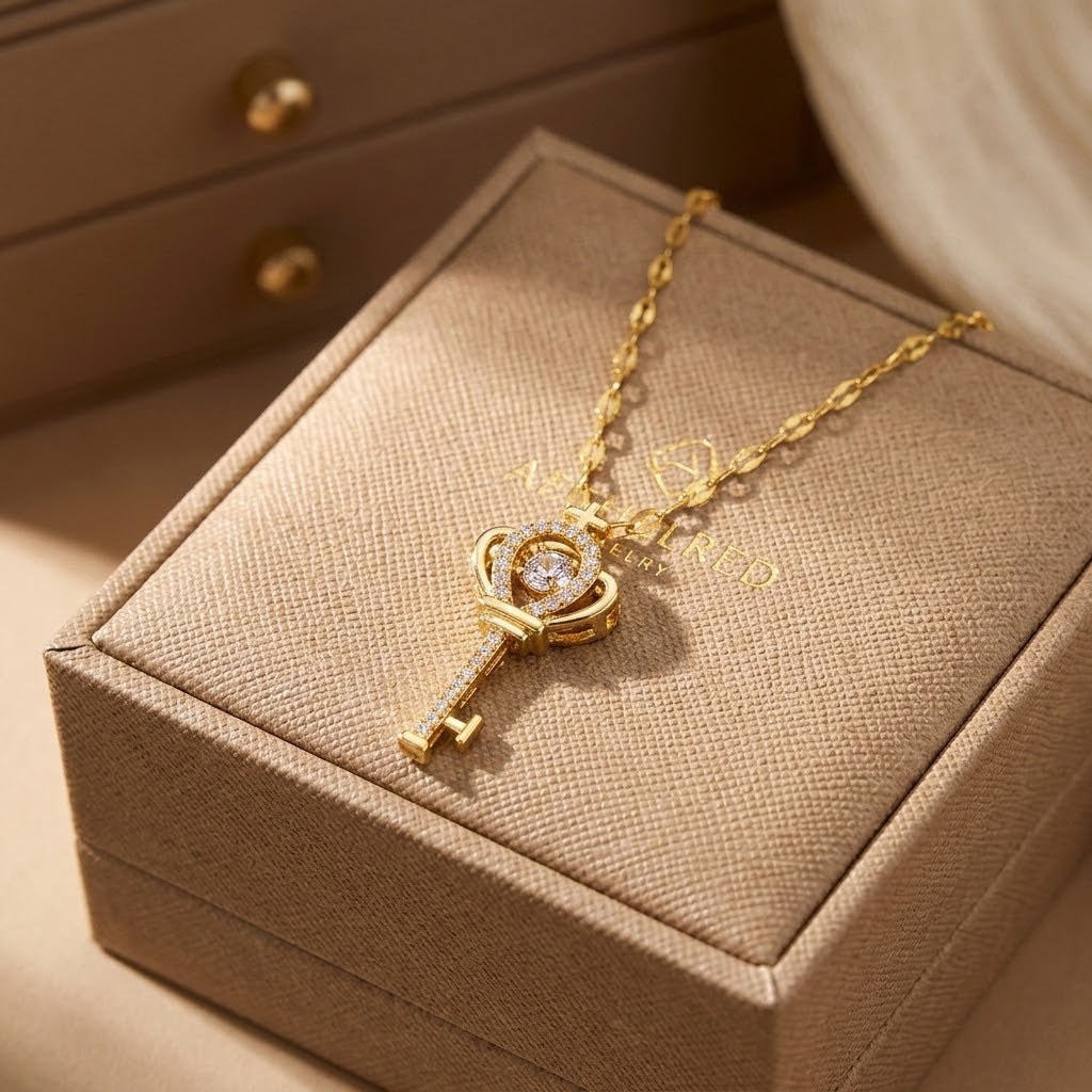 Gold heart crown key charm necklace with sparkling heart halo pendant