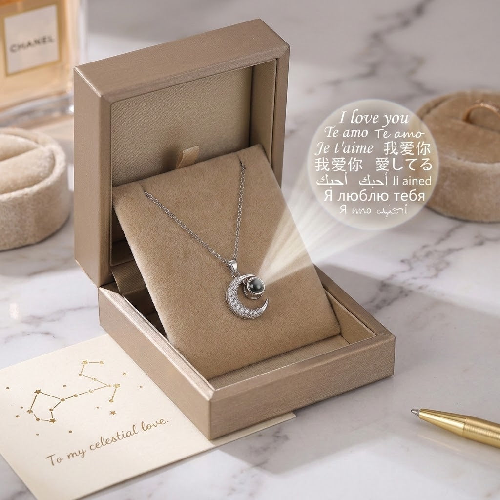 Silver moon charm pendant necklace in gift box with crescent pendant