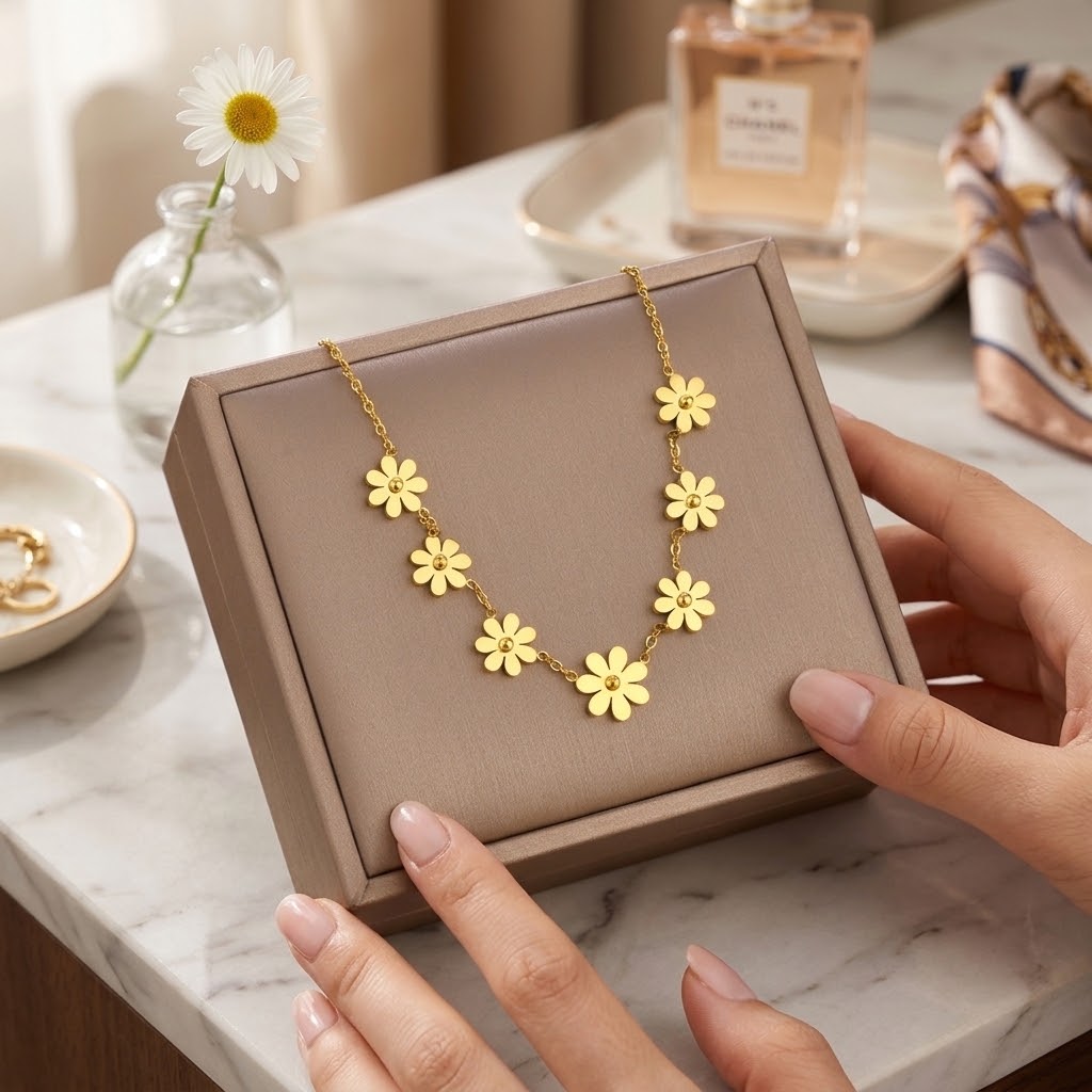 Gold wildflower charm necklace on display, five-petal flower links