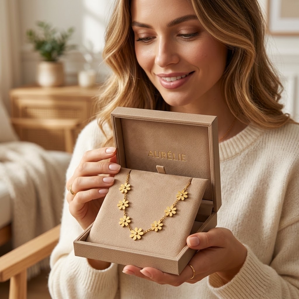 Gold wildflower charm necklace in jewelry box, close view of flower links