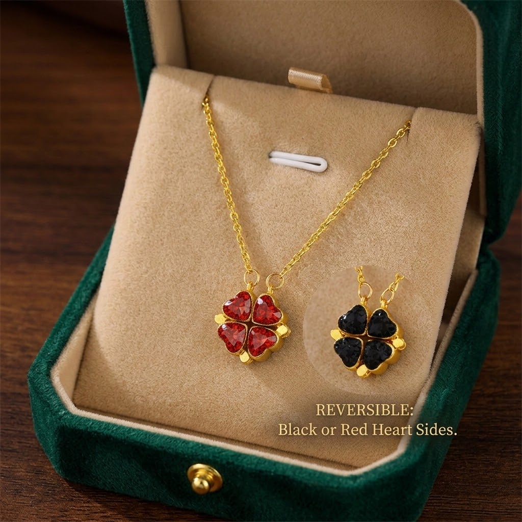 Gold-tone necklace with red flower heart pendant and matching stud earrings set