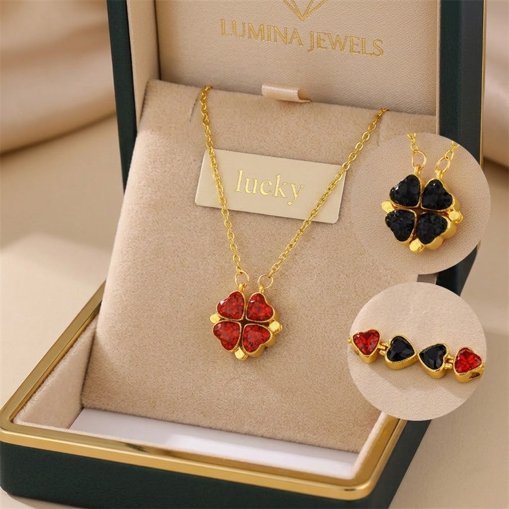 Gold-tone necklace set with red flower pendant and dark heart clover drop earrings