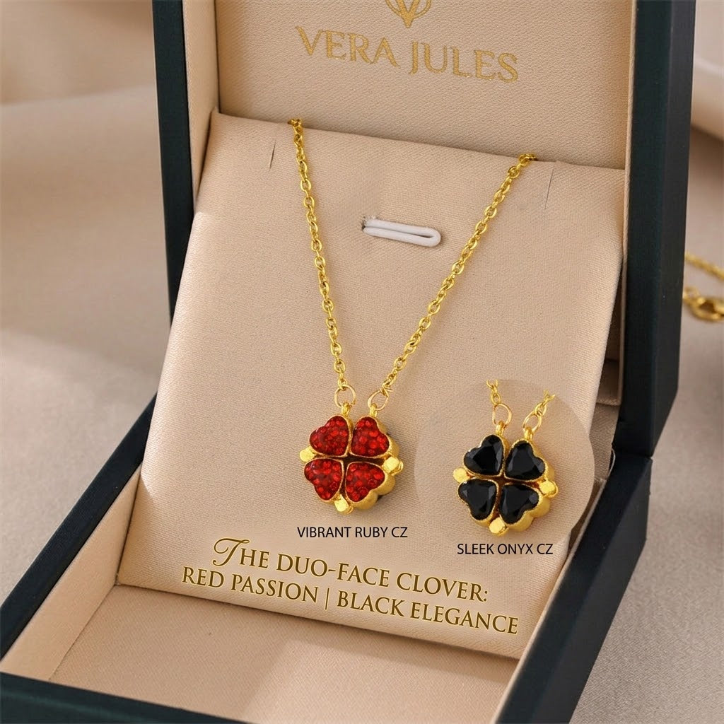 Gold-tone necklace with red flower pendant and black heart clover earrings
