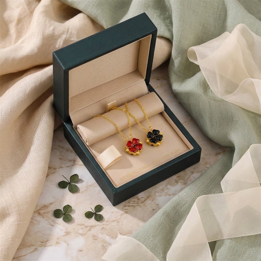 Gold-tone flower heart necklace and stud earrings in red and black on display