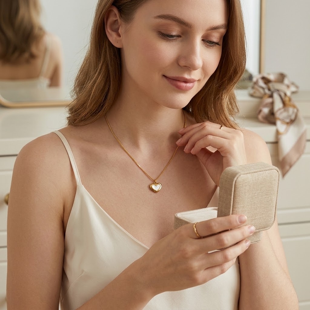 Gold-tone heart charm necklace with small heart pendant worn on a thin chain