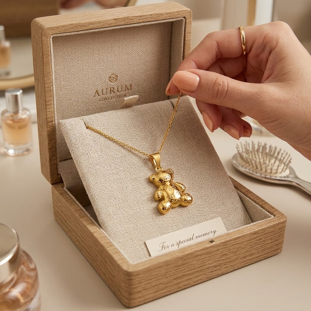 Gold bear pendant necklace in wooden gift box, hand and ring visible