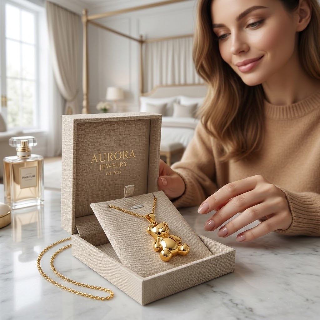 Gold bear pendant necklace set displayed in jewelry box with chain