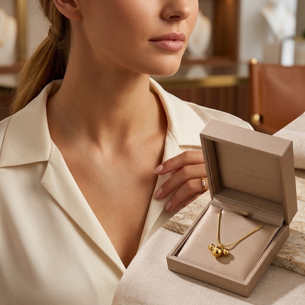 Gold-tone triple ball charm necklace on woman with open beige gift box